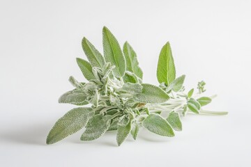 Fresh sage leaves arranged on a clean white surface