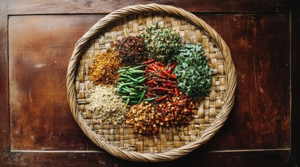Poster - A beautiful arrangement of different chili varieties on a woven mat, showcasing their unique shapes, colors, and textures, celebrating the diversity of ingredients