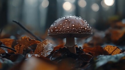 Poster - A close-up of a brown mushroom with water droplets glistening on its surface, surrounded by fallen leaves and twigs, evoking a natural woodland scene