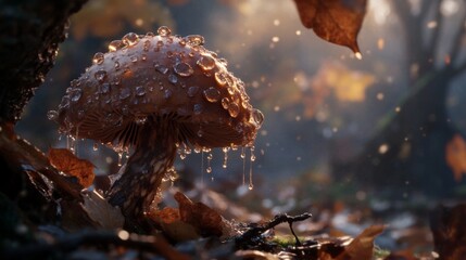 Poster - A close-up of a brown mushroom with water droplets glistening on its surface, surrounded by fallen leaves and twigs, evoking a natural woodland scene