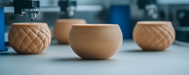 Aufkleber - 3d-printed beige vessels, one in focus, with the printer nozzle visible.
