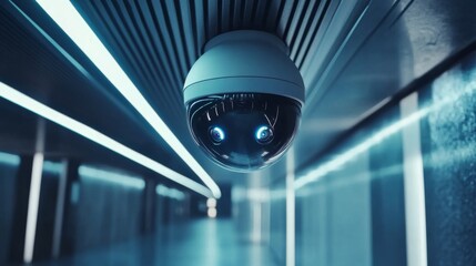 Aufkleber - A close-up of a dome-shaped security camera on a smooth metal ceiling inside a sleek, futuristic building corridor