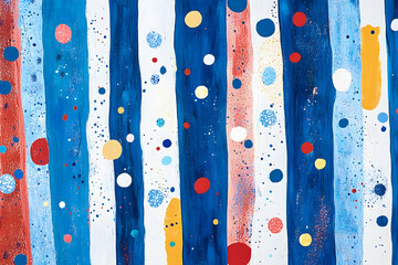 Poster - A painting of blue, white, and red vertical stripes with colorful small dots on it. 