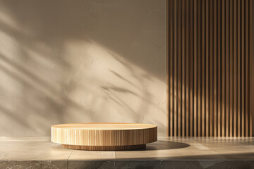 Wall Mural - Round wooden pedestal podium set against a textured beige wall with vertical wood paneling and soft natural shadows. Ideal for product display, branding, or photography