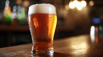 Poster - A close-up of a frosty glass of beer with a perfect foam head, set on a wooden bar counter, with bubbles visible and condensation on the glass.