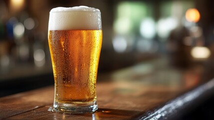 Poster - A close-up of a frosty glass of beer with a perfect foam head, set on a wooden bar counter, with bubbles visible and condensation on the glass.