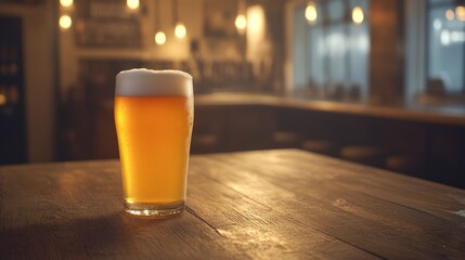 Poster - A close-up of a frosty pint glass filled with golden lager, topped with a thick, creamy head, set against a rustic wooden table with soft lighting