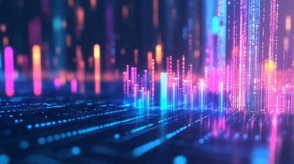 Fototapete - A close-up of a futuristic D bar graph with glowing neon bars, rising upward in a dynamic digital environment, symbolizing financial success and innovation.