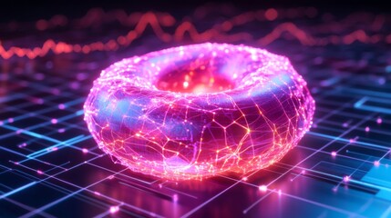 Poster - A close-up of a futuristic D donut chart with segmented, glowing parts, floating above a digital grid, representing complex financial data