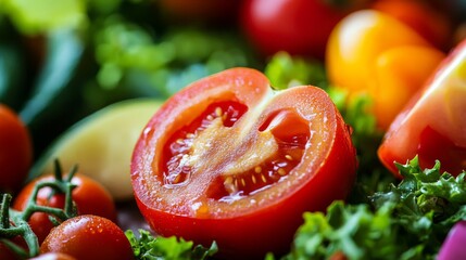 Poster - A close-up of a juicy tomato being halved, with seeds and flesh visible, set against a backdrop of a colorful salad and other fresh vegetables.