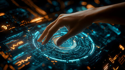 Poster - Hand activating futuristic interface; dark background