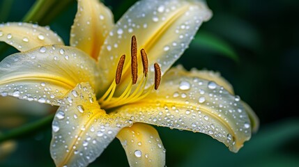 Poster - A close-up of a lily with dew drops on its petals, the water droplets enhancing the flower's natural beauty and intricate details.