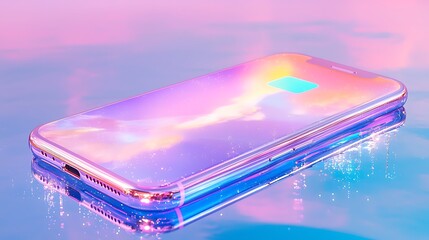 Poster - Iridescent Smartphone Reflecting Pastel Sky on Water Surface