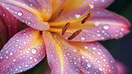 Poster - A close-up of a lily with dew drops on its petals, the water droplets enhancing the flower's natural beauty and intricate details.