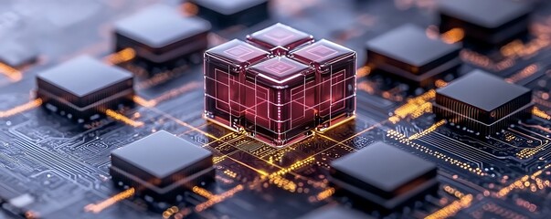 Poster - Quantum Cube Processor on Futuristic Motherboard Circuit