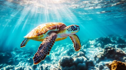 Poster - A close-up of a sea turtle gliding gracefully through crystal-clear ocean waters, with sunlight filtering through the surface and highlighting its vibrant shell.