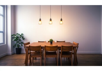 Wall Mural - Modern dining room with wooden table, chairs, and pendant lights.