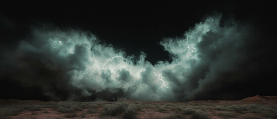 Poster - Dramatic lightning illuminating a smoky desert landscape against a dark backdrop