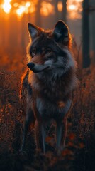 Poster - A maned wolf explores a mystical forest shrouded in early morning mist, illuminated by the soft glow of dawn. Its striking silhouette stands out among the ethereal landscape