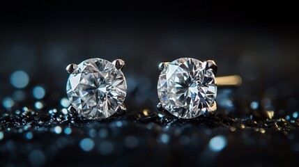 Poster - A close-up of elegant diamond stud earrings sparkling against a dark, plush background, showcasing their clarity and brilliance.