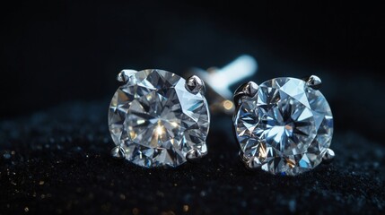 Poster - A close-up of elegant diamond stud earrings sparkling against a dark, plush background, showcasing their clarity and brilliance.