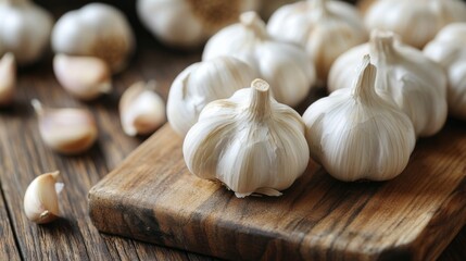 Aufkleber - A close-up of fresh garlic bulbs with their papery skin still intact, arranged on a rustic wooden cutting board, highlighting their natural texture and color.