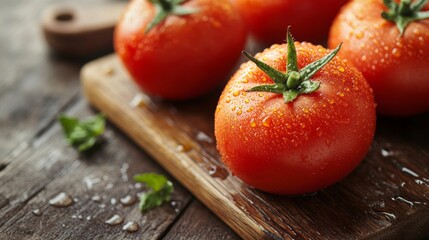 Poster - A close-up of fresh, ripe tomatoes with droplets of water on their surface, arranged on a rustic wooden cutting board, highlighting their vibrant color and freshness.