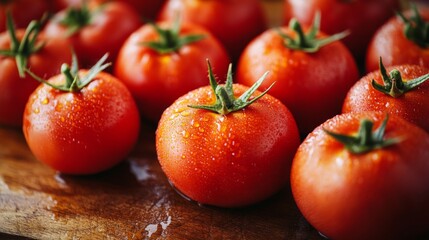 Poster - A close-up of fresh, ripe tomatoes with droplets of water on their surface, arranged on a rustic wooden cutting board, highlighting their vibrant color and freshness.