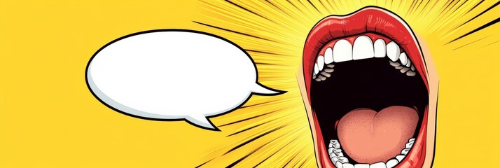 Poster - Comic book style illustration featuring a close up of a woman's open mouth with red lipstick and white teeth. Shouting with a blank speech bubble against a vibrant yellow background with radial lines