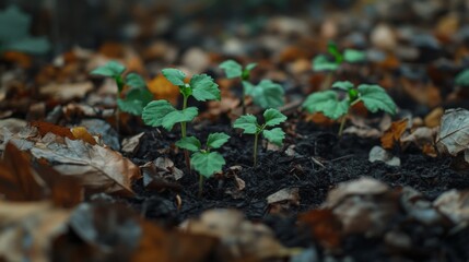 Aufkleber - A close-up of small green saplings growing in dark, rich soil, surrounded by fallen leaves, symbolizing the start of a reforestation effort