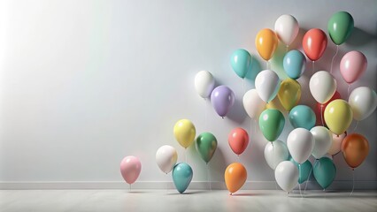 Wall Mural - A cluster of pastel-colored balloons floats against a minimalist wall, creating a cheerful and airy atmosphere in a simple room