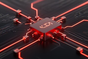 Poster - Red Neon Lines Illuminating a Central Processing Unit on a Circuit Board