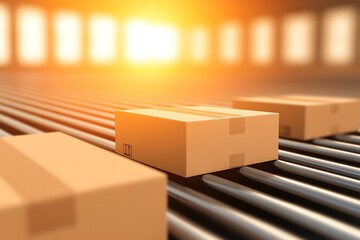 Poster - Cardboard boxes moving on a conveyor belt in a warehouse.