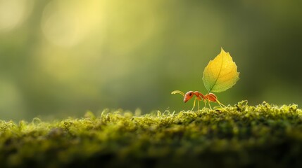 Poster - A close-up view of an ant carrying a tiny leaf, showcasing its intricate body structure and details, set against a blurred green background of grass