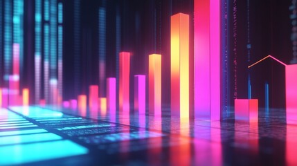 Poster - A colorful D bar chart with tall, gradient-colored bars rising from a digital financial dashboard, with numbers softly glowing in the background