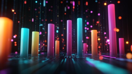 Poster - A colorful D bar chart with tall, gradient-colored bars rising from a digital financial dashboard, with numbers softly glowing in the background