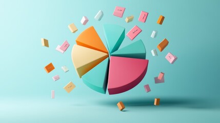 Fototapete - A colorful D pie chart with individual segments floating in mid-air, surrounded by a soft glow, symbolizing financial data distribution