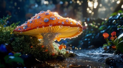 Poster - A colorful mushroom with bright orange and yellow hues, adorned with tiny water droplets, set against a rich, dark forest floor