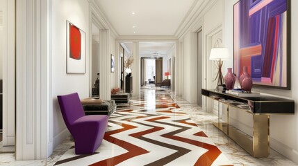 Poster - A contemporary hallway with bold geometric patterns on the floor, sleek furniture, and modern art pieces, creating a stylish and dynamic environment