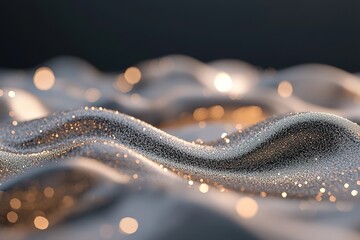 Poster - Abstract 3D waves of sequins in shimmering gold and silver tones create a flowing effect under gentle, ambient lighting, set against a dark gradient backdrop, perfect for elegant presentations