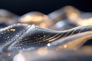 Poster - Abstract waves of sequins in shimmering gold and silver tones gently flow, glowing softly against a dark gradient background, creating an elegant, modern atmosphere perfect for text overlay
