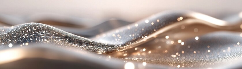 Poster - Abstract waves of sequins in shimmering gold and silver flow gracefully under a warm glow, creating a modern and elegant atmosphere against a dark gradient backdrop, perfect for text placement