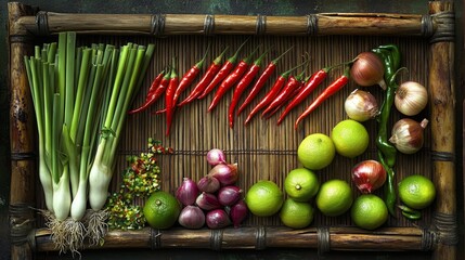 Poster - A creative arrangement of shallots, chilies, and lime on a bamboo mat, emphasizing fresh ingredients for cooking in a vibrant and colorful composition