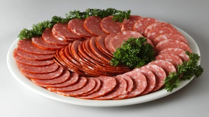 Poster - A creative composition of sliced sausages arranged in a spiral on a white plate, garnished with herbs, showcasing the delicious textures and colors of the dish