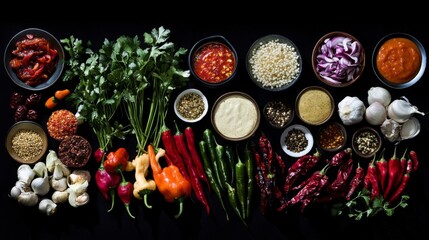 Poster - A creative composition of various types of chilies displayed alongside sauces and condiments, showcasing the diversity of flavors used in cooking