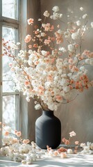 Aufkleber - Delicate blossoms in shades of white and peach cascade from a matte navy podium, filling the air with fragrance and transforming the space into a peaceful floral haven embraced by natural light