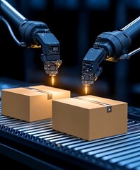 Poster - Automated Packaging System: Robotic Arms Sealing Cardboard Boxes on Conveyor Belt