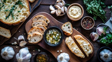 Aufkleber - A creative flat lay of garlic-infused dishes, such as garlic bread, roasted garlic, and a garlic sauce, arranged on a wooden table to showcase culinary uses.