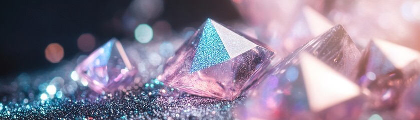 Poster - Abstract geometric shapes constructed from diamond sequins radiate with holographic hues of pink, blue, and green, softly glowing against a dark background with shimmering light highlights