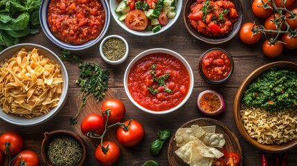 Poster - A creative flat lay of tomato-based dishes, such as salsa, pasta sauce, and a fresh tomato salad, arranged on a wooden table to showcase culinary uses.